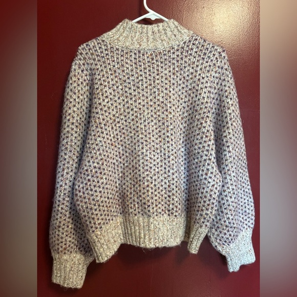 Cece Sweater Women Size XL Purple Cream Blouson Sleeve Jacquard Knit Mock Neck - Picture 4 of 9